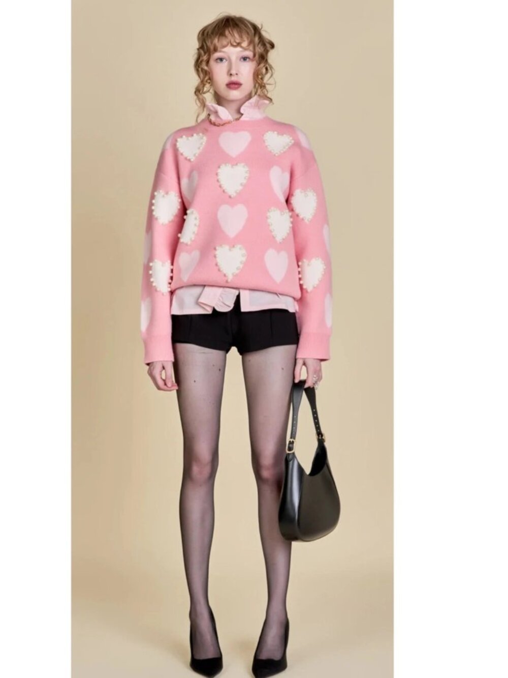 NEW English Factory Heart Faux Pearl Embellished Crewneck Sweater Size Small